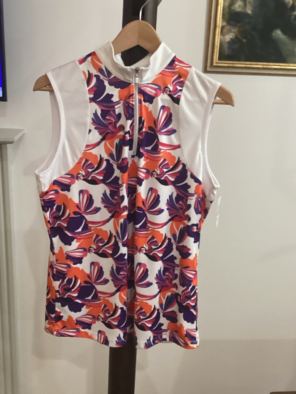 NWT PGA Tour Women's Golf Polo Sleeveless Parrot Print Large Orange Purple L
